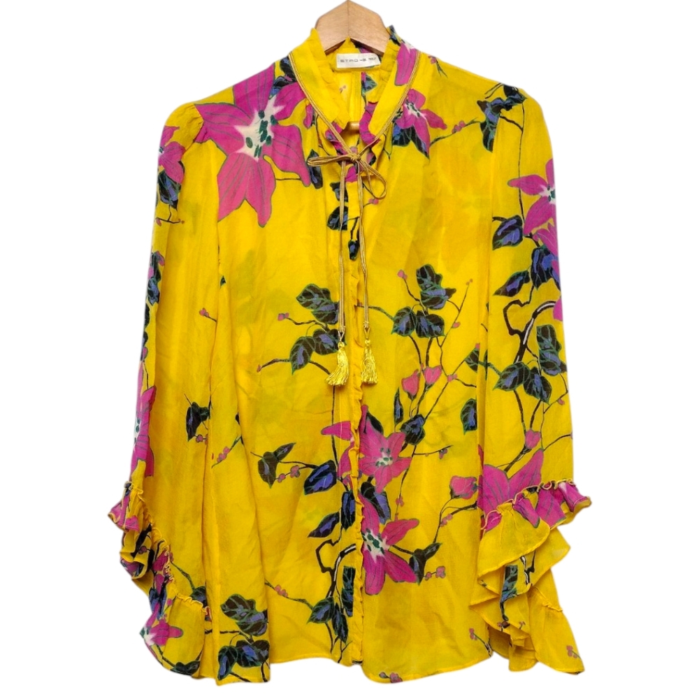 Etro Tie Neck Button Down Ruffle Sleeve Silk Floral Top